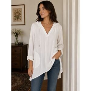 For Cynthia White Hooded Linen Tunic Pockets Swim Cover Up Sz Xl